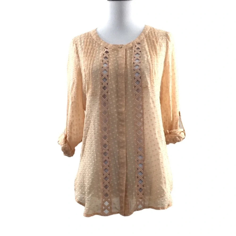 Meadow Rue Anthro Peach Swiss Dot Laser Cut Shirt Womens XS Silk Blend Blouse